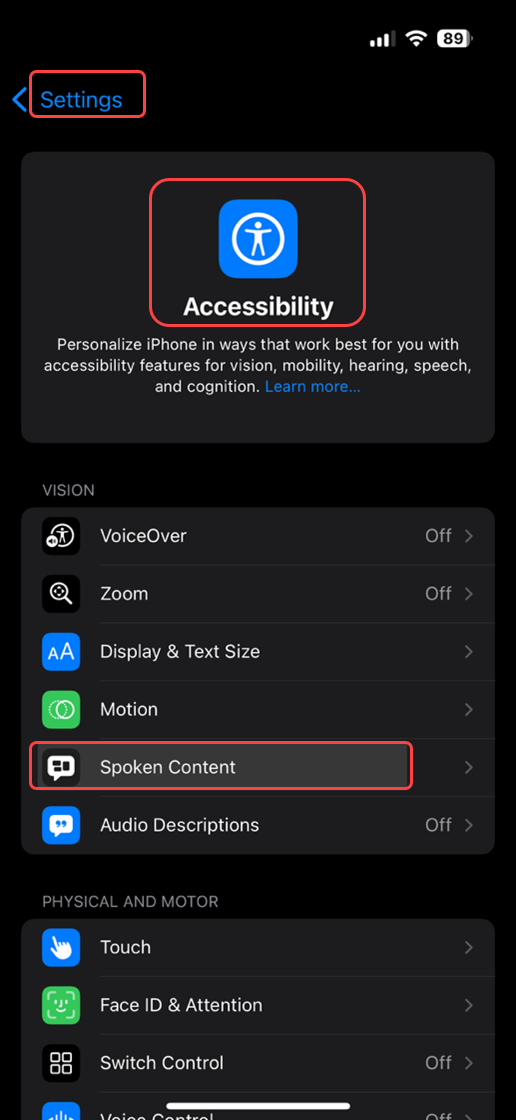 Navigate to Accessibility in Settings