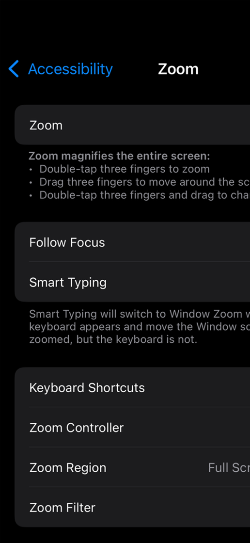 Use gestures to navigate the zoomed screen