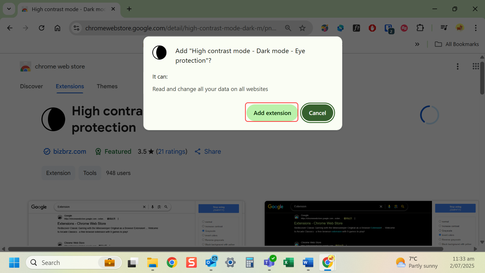 Confirm adding the extension