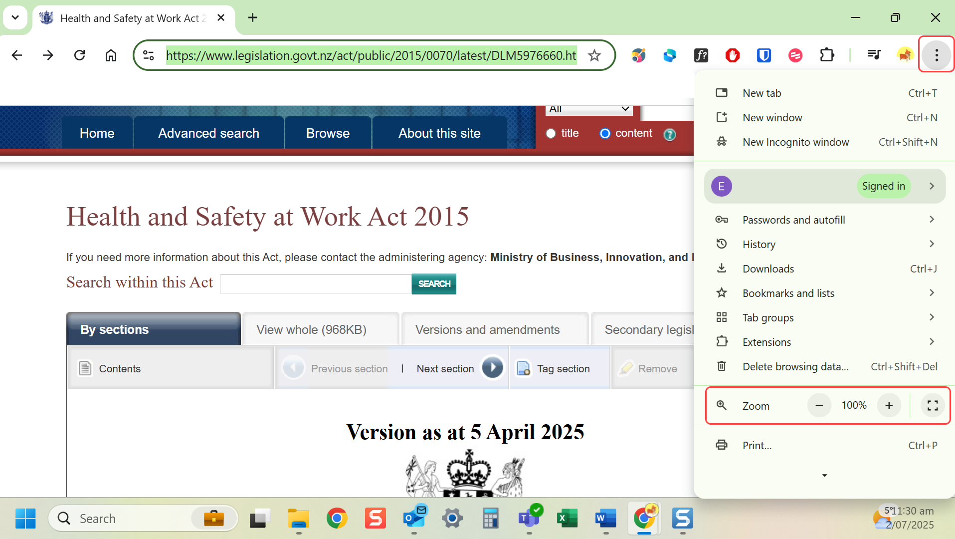 Open the browser's menu (three dots) and adjust zoom settings