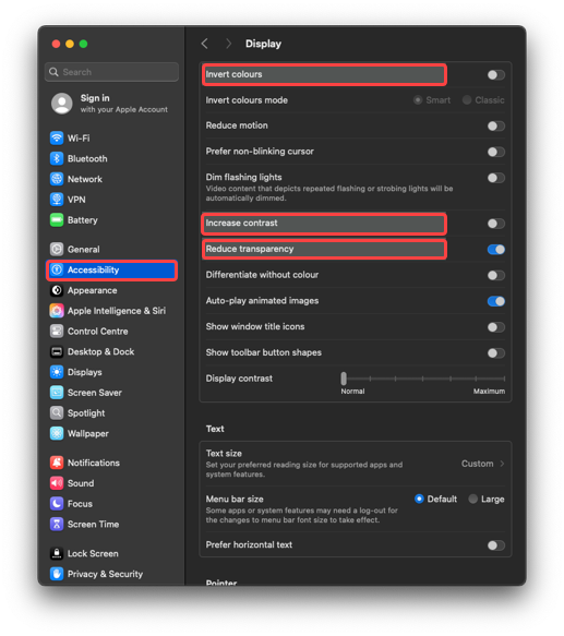 Adjust contrast settings