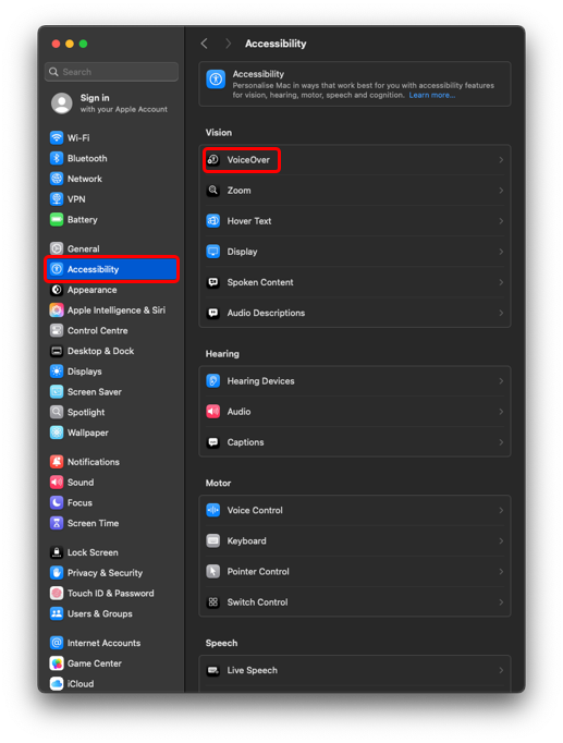 Navigate to Accessibility and select VoiceOver