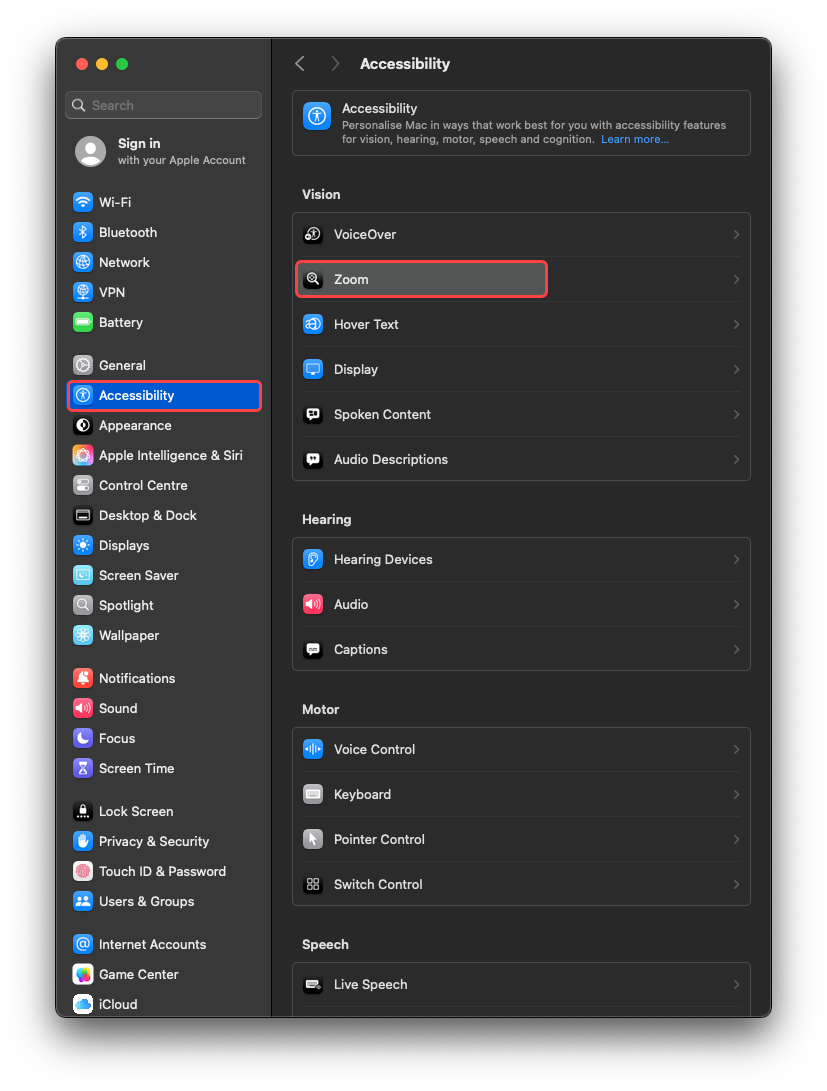 Select Accessibility from the left-hand menu