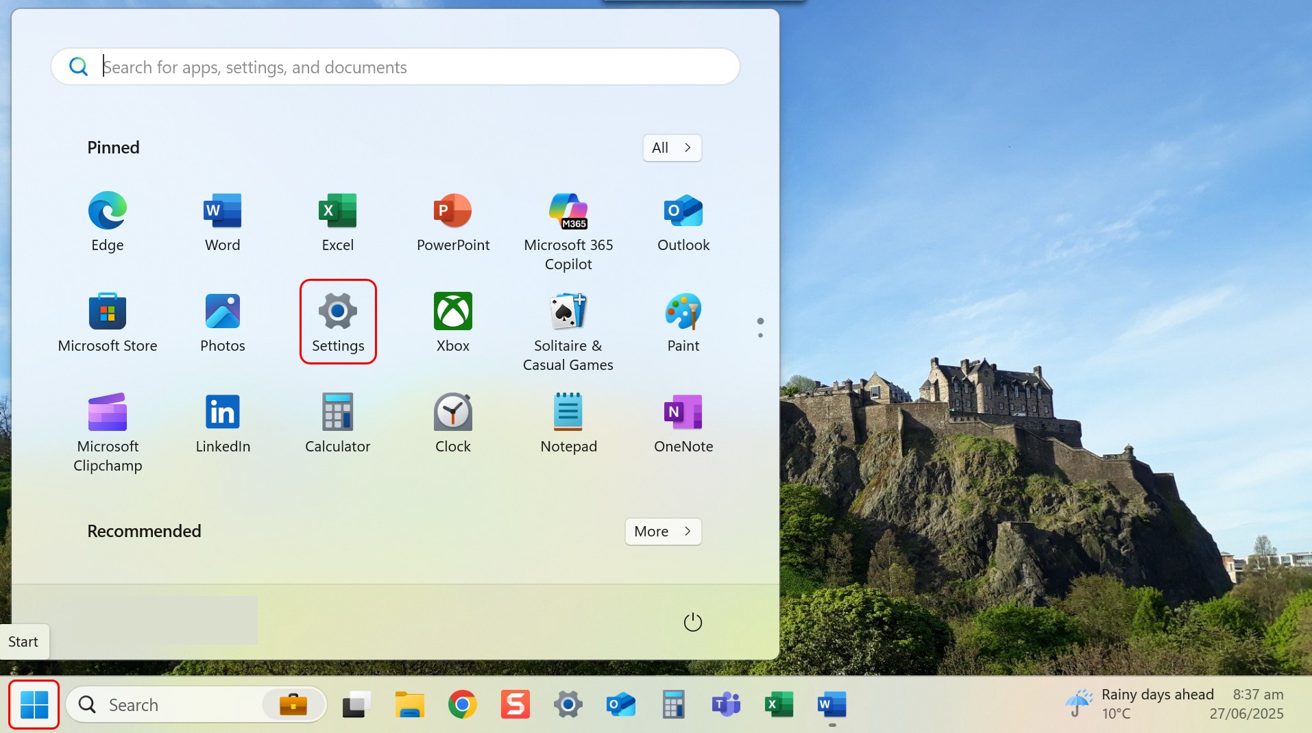 Navigate to Settings from the Start menu