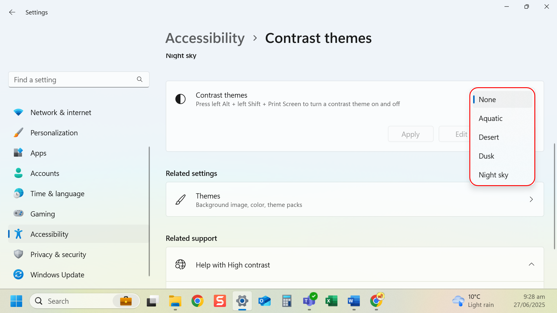 Select a contrast theme from the dropdown menu